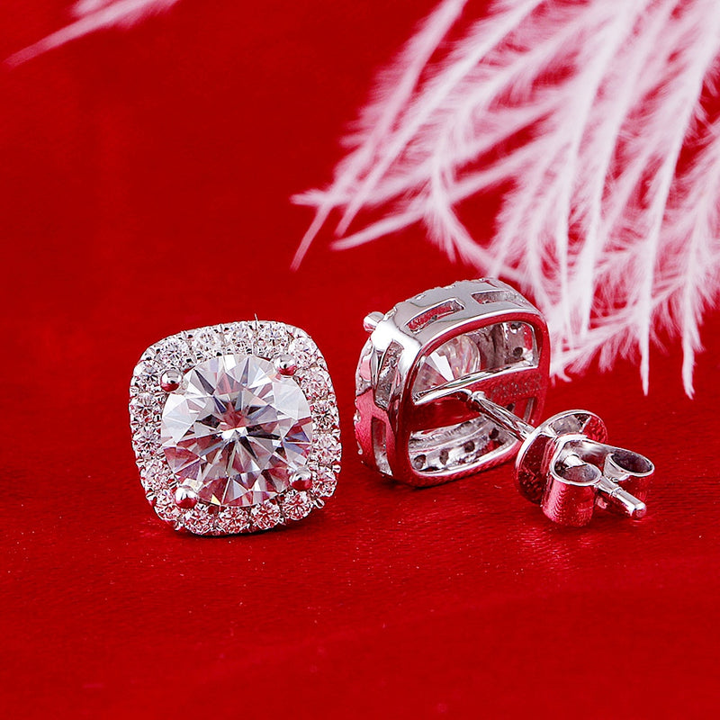 Round Cut Moissanite Halo Earrings, Art Deco Design, Choose Your Stone Size and Metal
