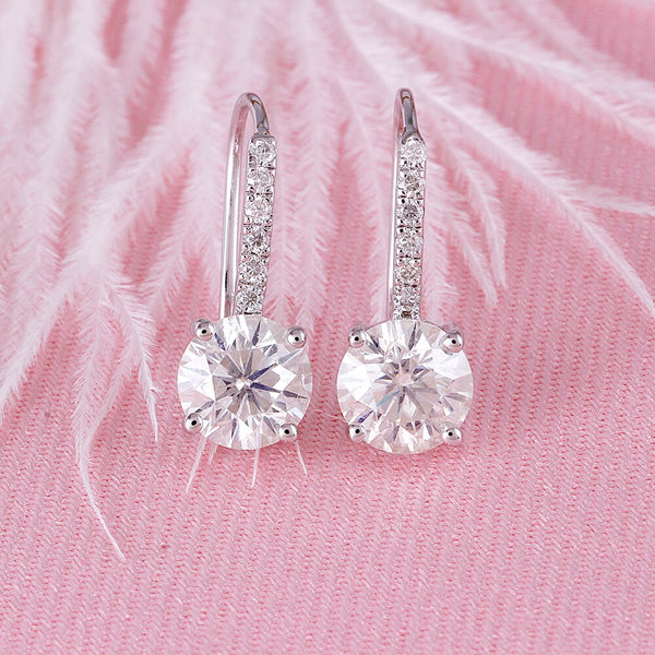 Copy of 1.00ct each, Round Cut Moissanite Drop Earrings, Shepards Hook, 14Kt 585 White Gold