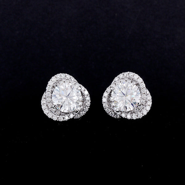 1.00ct each, Round Cut Moissanite Halo Earrings, Vintage Floral Design, 14Kt 585 White Gold