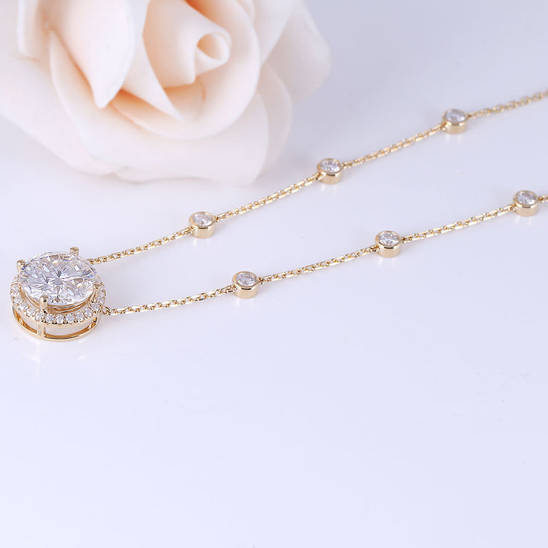 5.00ct Round Cut Moissanite Halo Necklace, Rubover Diamond Chain, 14Kt 585 Yellow Gold