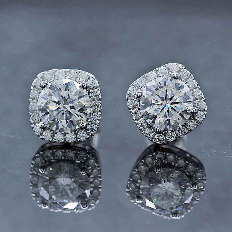 Round Cut Moissanite Halo Earrings, Art Deco Design, Choose Your Stone Size and Metal