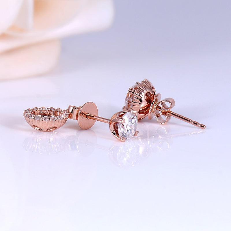 0.50ct each, Round Cut Moissanite Halo Earrings, 14Kt 585 Rose Gold