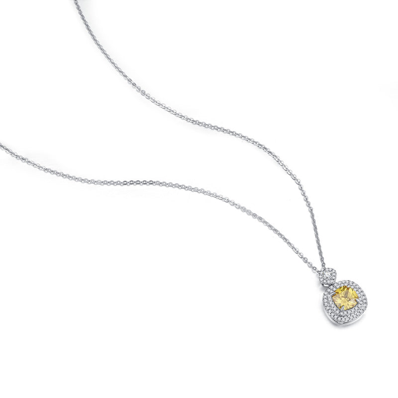 2.50ct Yellow Cushion Cut Diamond Halo Pendant, Yellow Diamond Necklace, 925 Silver