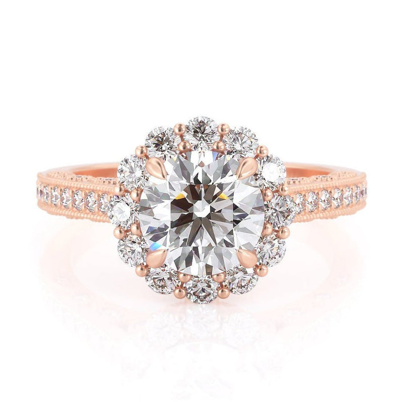 1.00ct Round Cut Moissanite Engagement Ring, Vintage Halo Design, 14Kt 585 Rose Gold