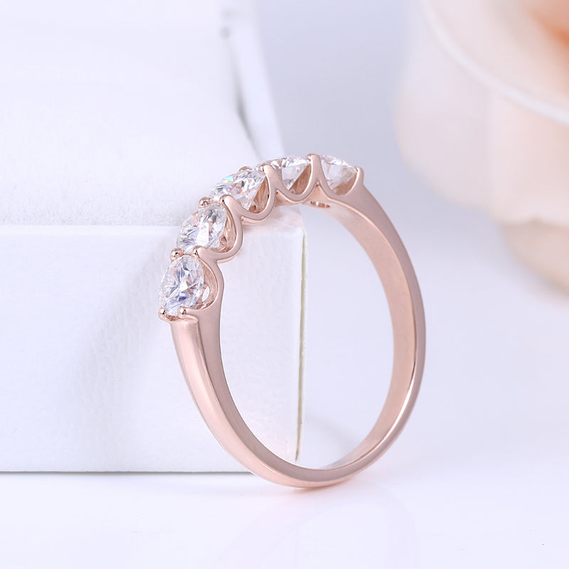 1.25ct Moissanite Wedding Band, Classic Tiffany Design, 5 Stone Ring, Available in 14Kt or 18Kt Rose Gold