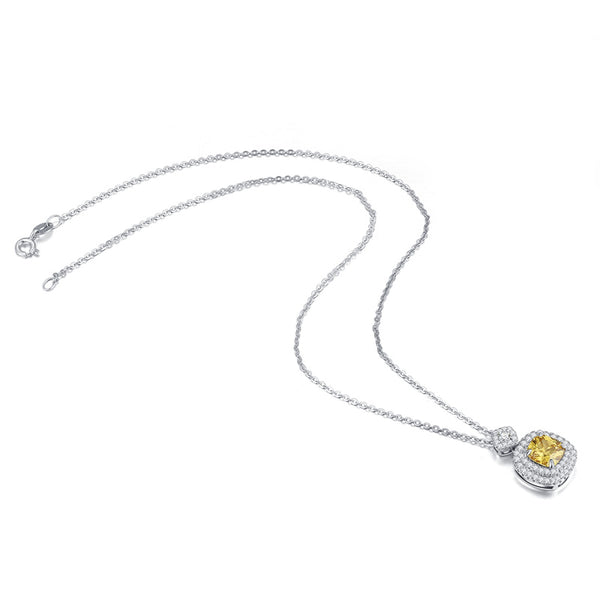 2.50ct Yellow Cushion Cut Diamond Halo Pendant, Yellow Diamond Necklace, 925 Silver