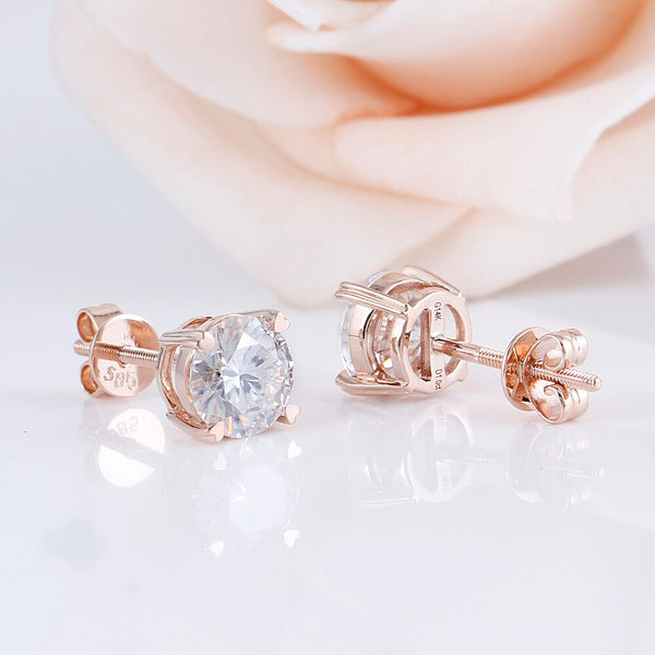 1.00ct each, Moissanite Rose Gold Stud Earrings, Round Cut, 14Kt 585 Rose Gold