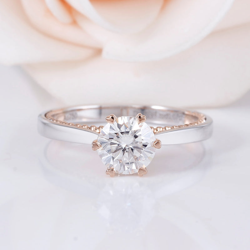 1.00ct Round Cut Moissanite Engagement Ring, Vintage Design, 14Kt 585 White & Rose Gold