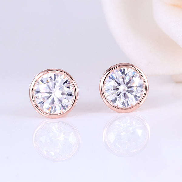 1.00ct each, Moissanite Rose Gold Stud Earrings, Round Cut, Push Back, 14Kt 585 Rose Gold