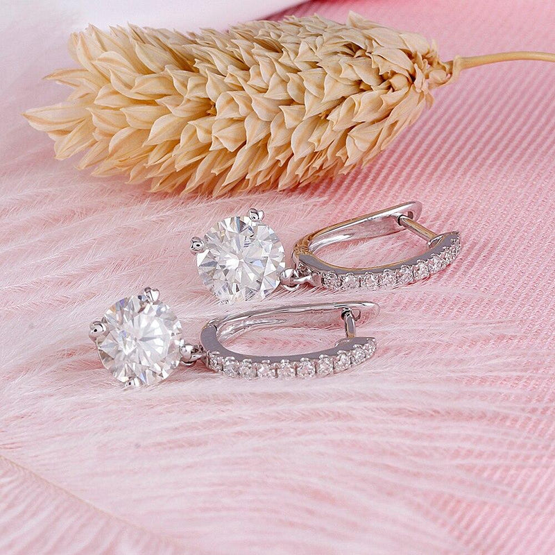 1.00ct each, Round Cut Moissanite Drop Earrings, Art Deco Design, 14Kt 585 White Gold