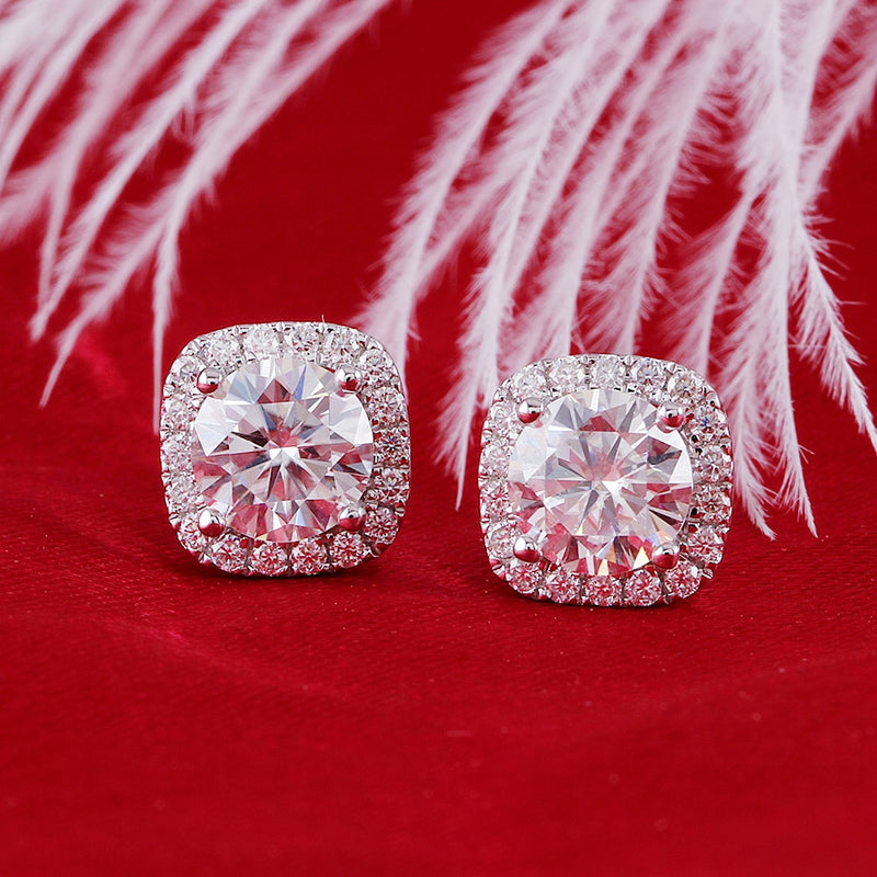 Round Cut Moissanite Halo Earrings, Art Deco Design, Choose Your Stone Size and Metal