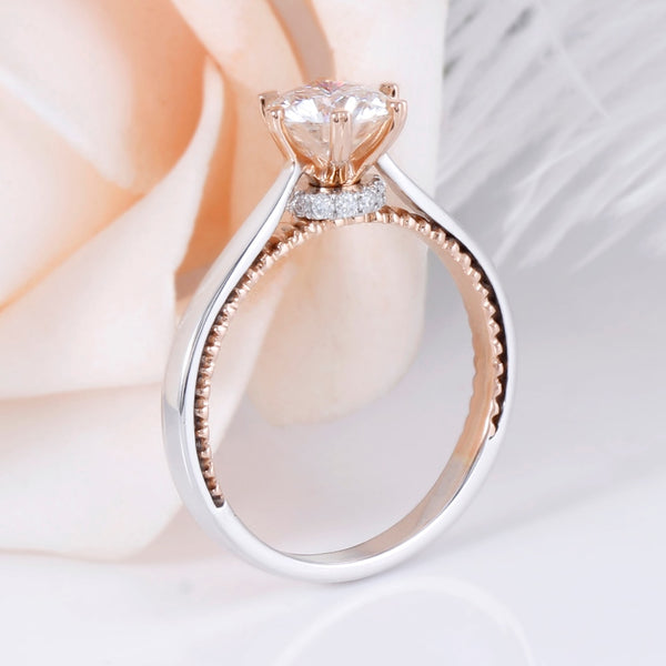 1.00ct Round Cut Moissanite Engagement Ring, Vintage Design, 14Kt 585 White & Rose Gold