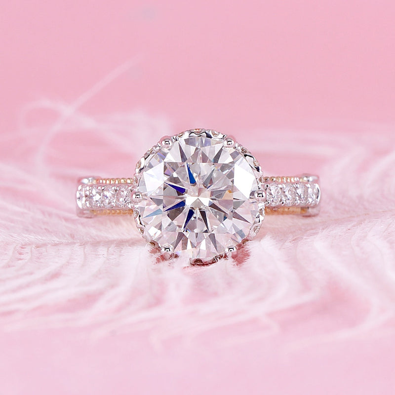 4.00ct Round Cut Moissanite Engagement Ring, Vintage Design, 14Kt 585 White & Yellow Gold