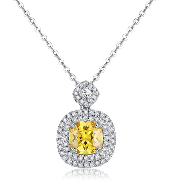 2.50ct Yellow Cushion Cut Diamond Halo Pendant, Yellow Diamond Necklace, 925 Silver