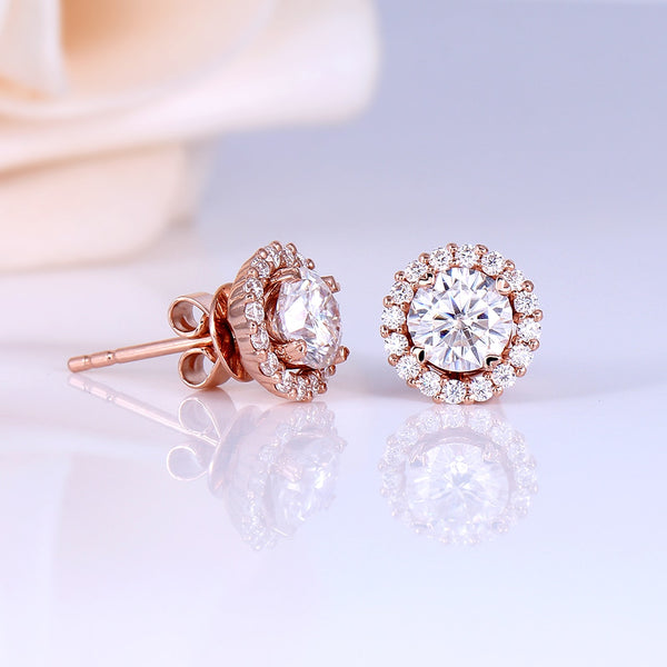 0.50ct each, Round Cut Moissanite Halo Earrings, 14Kt 585 Rose Gold