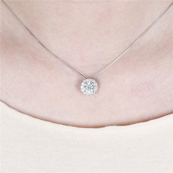 1.00ct Round Cut Moissanite Necklace, Classic Halo Pendant, 14Kt 585 White Gold