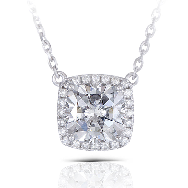 1.00ct Cushion Cut Moissanite Necklace, Classic Halo Pendant, 14Kt 585 White Gold