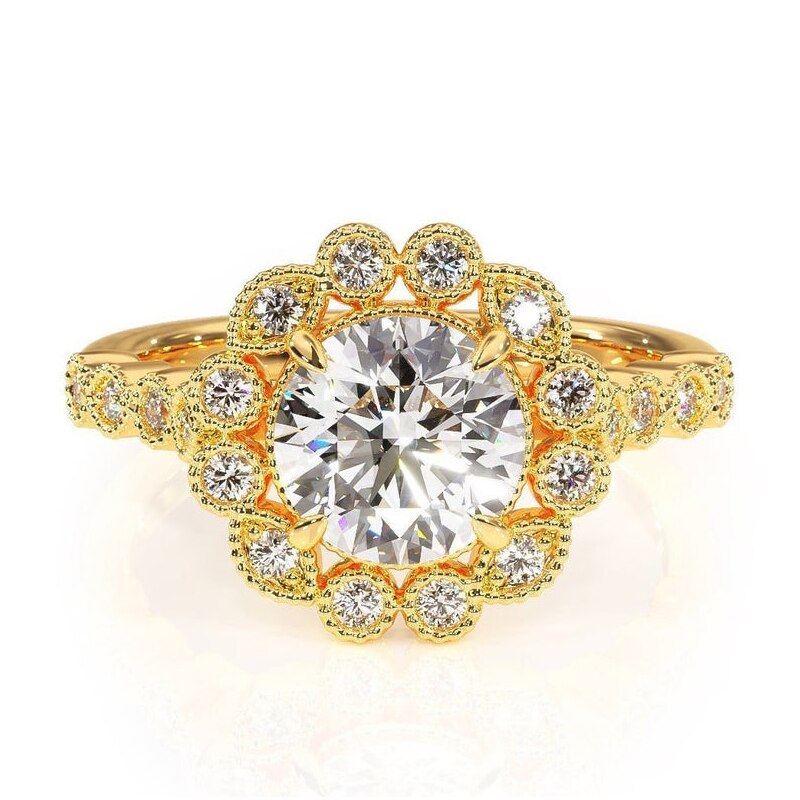 1.50ct Round Cut Moissanite Engagement Ring, Vintage Design, 14Kt 585 Yellow Gold