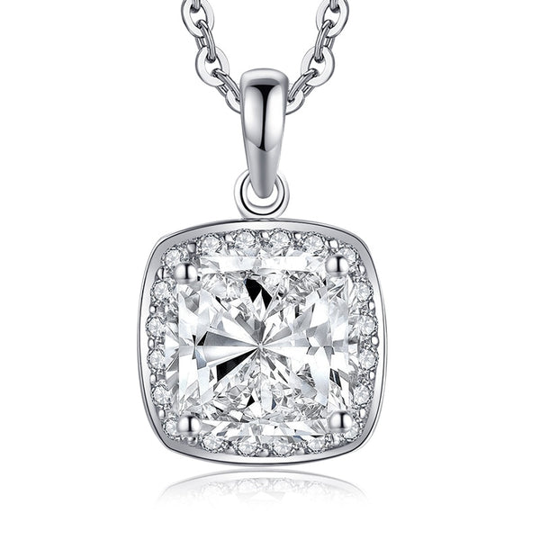 4.00ct Cushion Cut Diamond Halo Pendant, Bridal Halo Diamond Necklace, 925 Silver