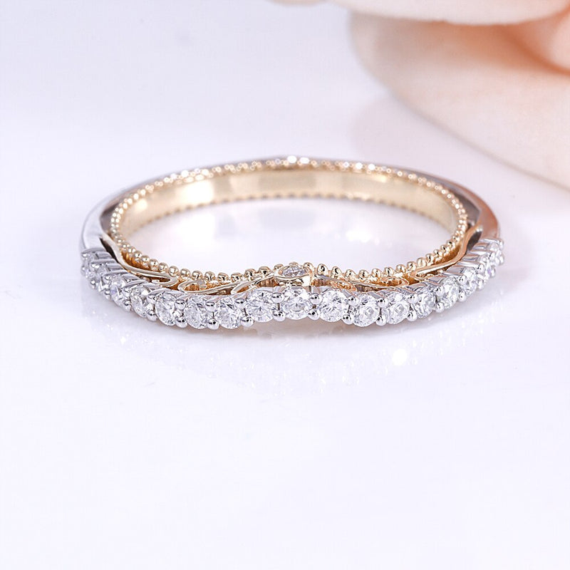 0.75ct Moissanite Wedding Band, Vintage Design Half Eternity Ring, Available in White Gold or Platinum with Yellow Gold Detailing