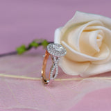0.60ct Oval Cut Moissanite, Classic Halo Engagement Ring, Available in White Gold or Platinum with Rose Gold Detailing