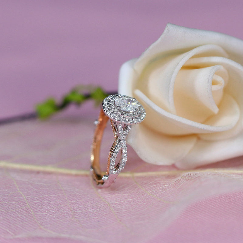 0.60ct Oval Cut Moissanite, Classic Halo Engagement Ring, Available in White Gold or Platinum with Rose Gold Detailing