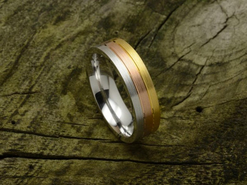 Flat Court Shaped Tri Colour Wedding Band, Brushed Finish,  Choose Your Metal & Width