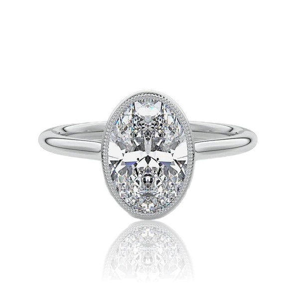 Oval Classic Rub-Over Diamond Engagement Ring With Milgrain Edge