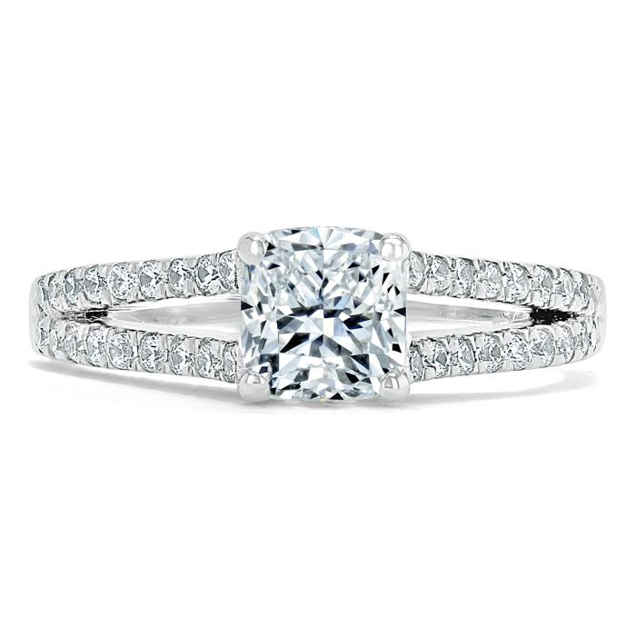 1.35ct  Cushion Cut Moissanite Engagement Ring, Split Shank,  Available in White Gold, Platinum, Rose Gold or Yellow Gold