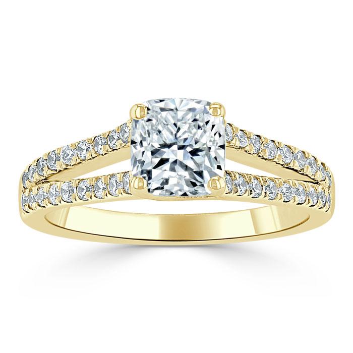 Lab-Diamond Cushion Cut Engagement Ring, Split Shank,Choose Your Stone Size and Metal