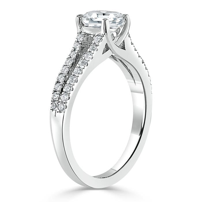 1.35ct  Emerald Cut Moissanite Engagement Ring, Split Shank,  Available in White Gold, Platinum, Rose Gold or Yellow Gold