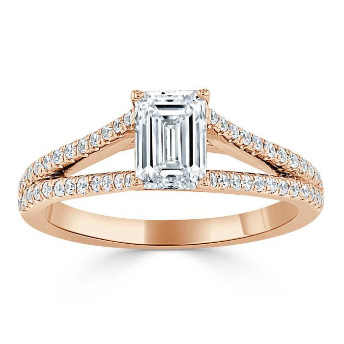 1.35ct  Emerald Cut Moissanite Engagement Ring, Split Shank,  Available in White Gold, Platinum, Rose Gold or Yellow Gold