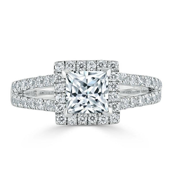 1.60ct  Princess Cut Moissanite Engagement Ring, Classic Halo with Split Shank,  Available in White Gold, Platinum, Rose Gold or Yellow Gold