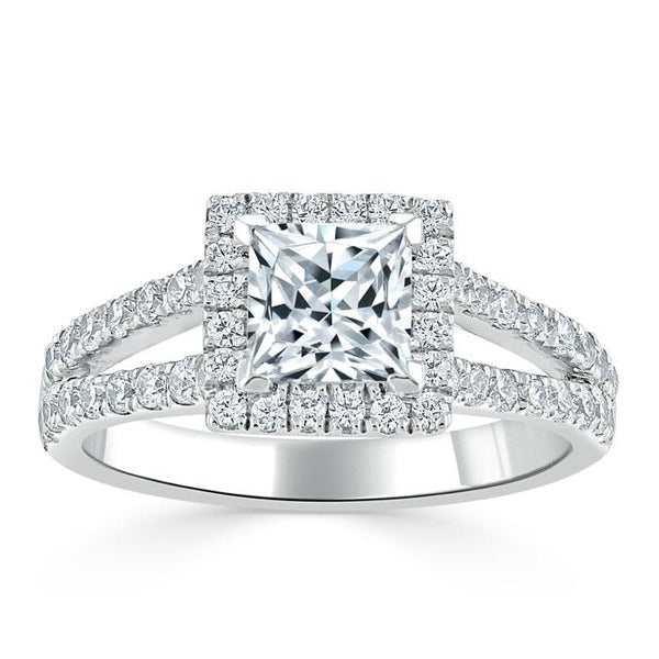 1.60ct  Princess Cut Moissanite Engagement Ring, Classic Halo with Split Shank,  Available in White Gold, Platinum, Rose Gold or Yellow Gold