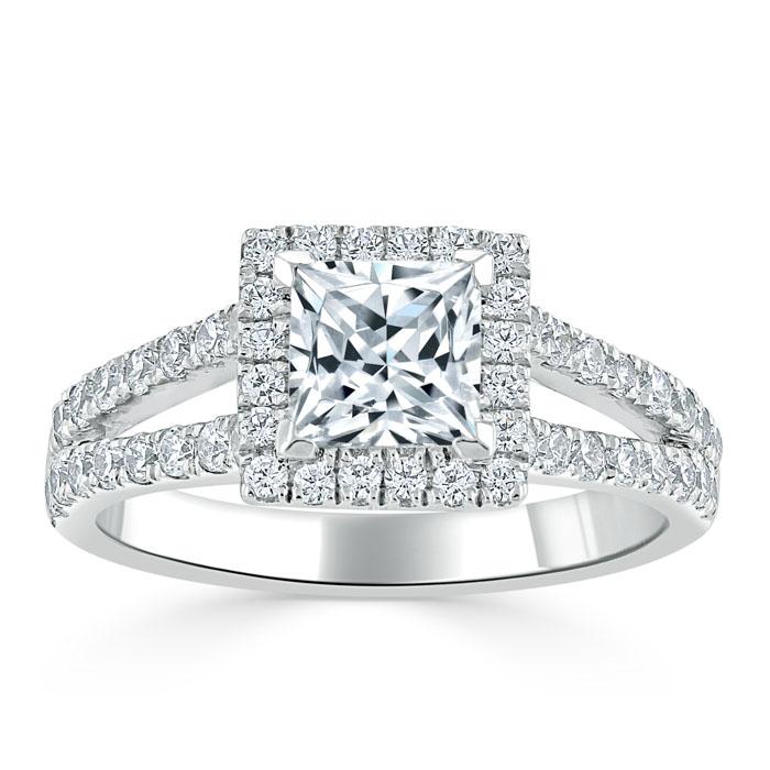 Lab-Diamond Princess Cut Engagement Ring, Classic Halo with Split Shank, Choose Your Stone Size and Metal