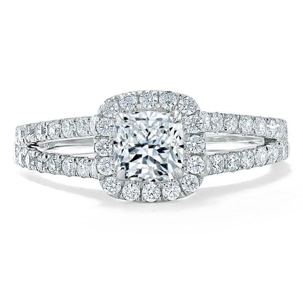 Lab-Diamond Cushion Cut Engagement Ring, Classic Halo with Split Shank, Choose Your Stone Size and Metal