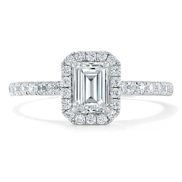 1.45ct  Emerald Cut Moissanite Engagement Ring, Classic Halo,  Available in White Gold, Platinum, Rose Gold or Yellow Gold