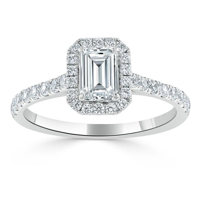 1.45ct  Emerald Cut Moissanite Engagement Ring, Classic Halo,  Available in White Gold, Platinum, Rose Gold or Yellow Gold