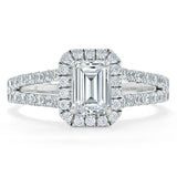 1.60ct  Emerald Cut Moissanite Engagement Ring, Classic Halo with Split Shank,  Available in White Gold, Platinum, Rose Gold or Yellow Gold