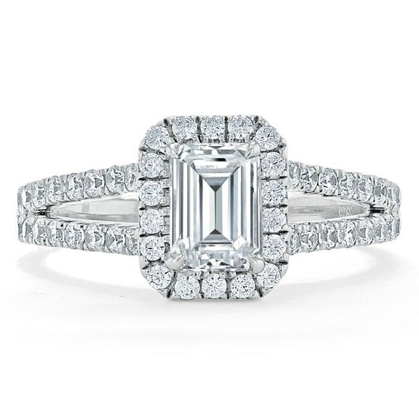 1.60ct  Emerald Cut Moissanite Engagement Ring, Classic Halo with Split Shank,  Available in White Gold, Platinum, Rose Gold or Yellow Gold