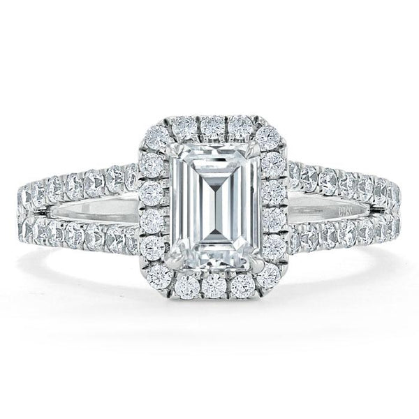 Lab Diamond Emerald Cut Engagement Ring, Classic Halo with Split Shank, Choose Your Stone Size and Metal