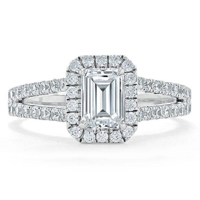 1.60ct  Emerald Cut Moissanite Engagement Ring, Classic Halo with Split Shank,  Available in White Gold, Platinum, Rose Gold or Yellow Gold