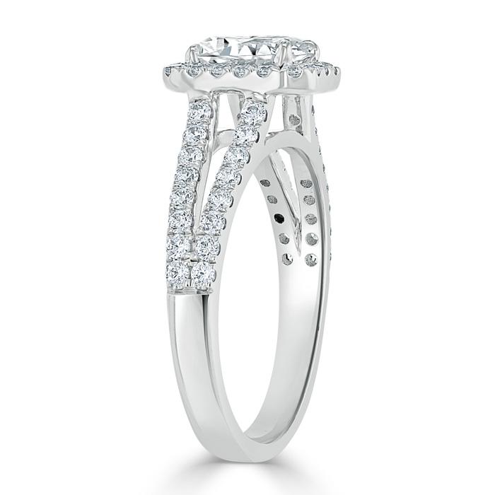 1.60ct  Emerald Cut Moissanite Engagement Ring, Classic Halo with Split Shank,  Available in White Gold, Platinum, Rose Gold or Yellow Gold