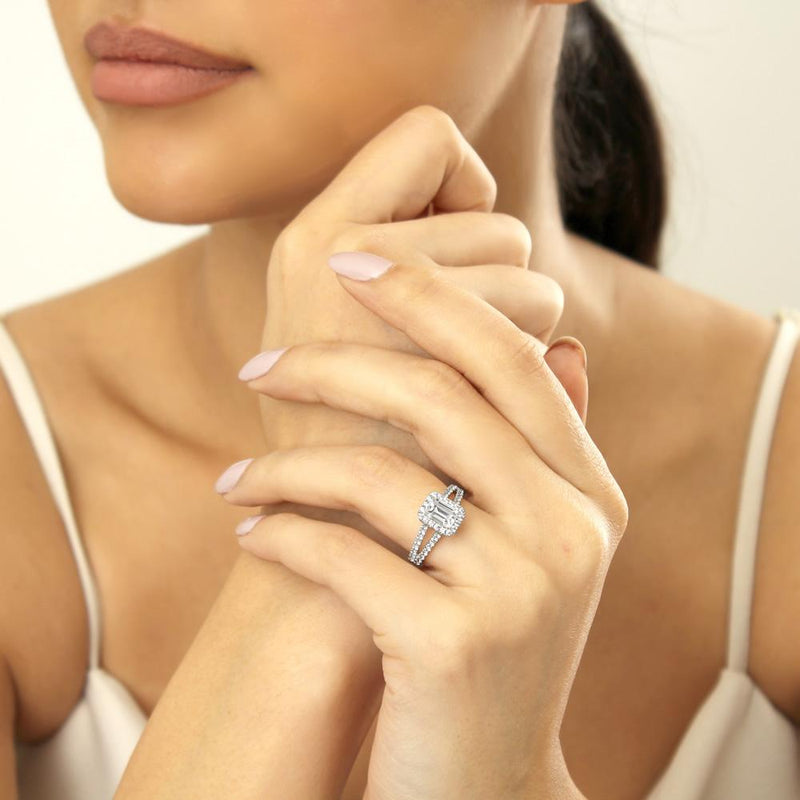 1.60ct  Emerald Cut Moissanite Engagement Ring, Classic Halo with Split Shank,  Available in White Gold, Platinum, Rose Gold or Yellow Gold