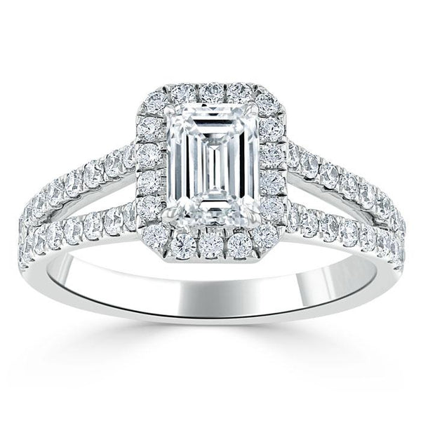 Lab Diamond Emerald Cut Engagement Ring, Classic Halo with Split Shank, Choose Your Stone Size and Metal