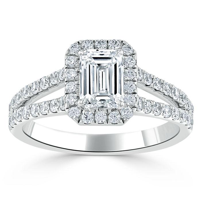 1.60ct  Emerald Cut Moissanite Engagement Ring, Classic Halo with Split Shank,  Available in White Gold, Platinum, Rose Gold or Yellow Gold