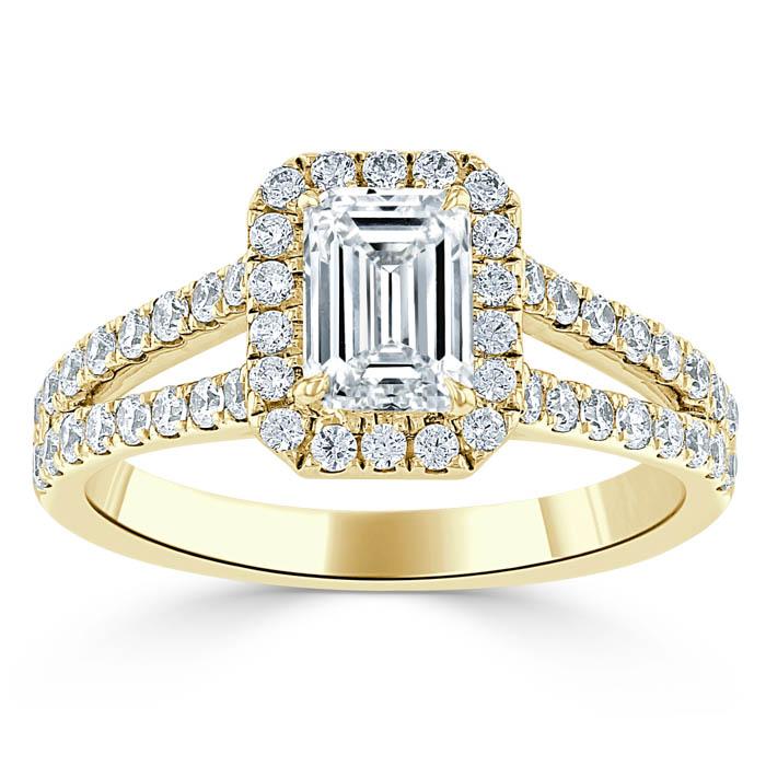 Lab Diamond Emerald Cut Engagement Ring, Classic Halo with Split Shank, Choose Your Stone Size and Metal