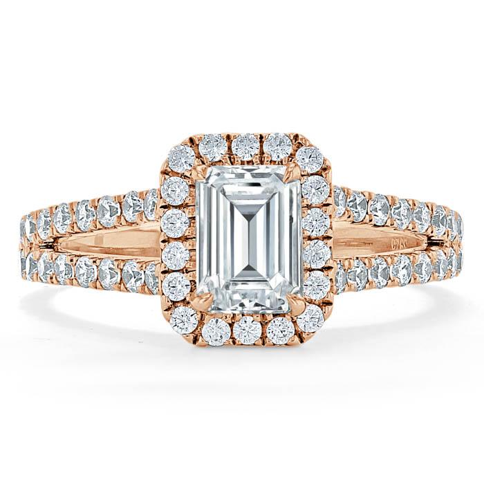 1.60ct  Emerald Cut Moissanite Engagement Ring, Classic Halo with Split Shank,  Available in White Gold, Platinum, Rose Gold or Yellow Gold