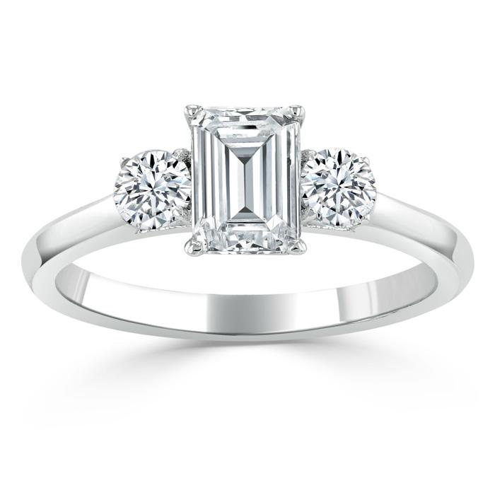 1.50ct Emerald Cut Moissanite Engagement Ring, Classic 3 Stone, Available in White Gold, Platinum, Rose Gold or Yellow Gold