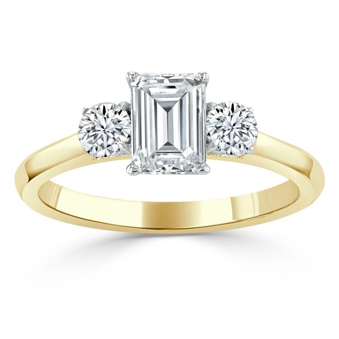 1.50ct Emerald Cut Moissanite Engagement Ring, Classic 3 Stone, Available in White Gold, Platinum, Rose Gold or Yellow Gold